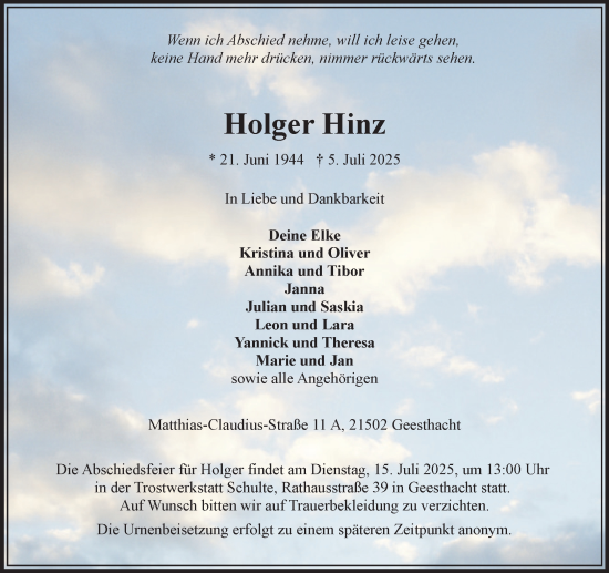 Traueranzeige von Holger Hinz von Wochenend Anzeiger