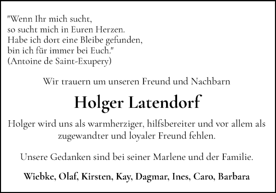 Traueranzeige von Holger Latendorf von Flensburger Tageblatt