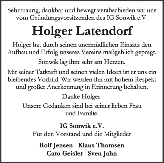 Traueranzeige von Holger Latendorf von Flensburger Tageblatt
