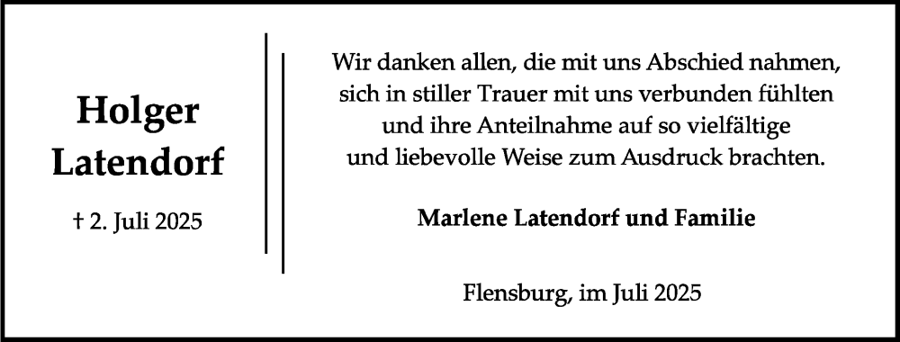  Traueranzeige für Holger Latendorf vom 26.07.2025 aus Flensburger Tageblatt