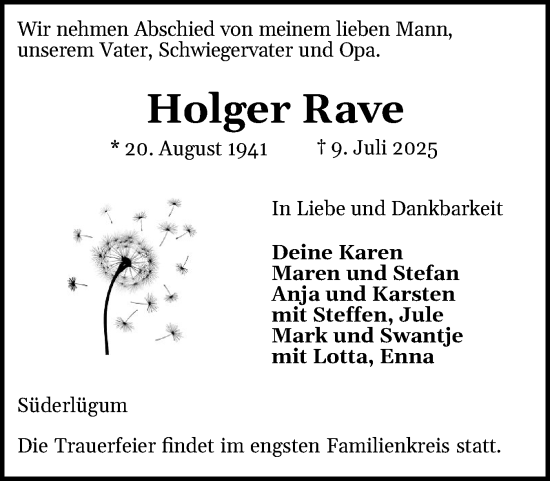 Traueranzeige von Holger Rave von Husumer Nachrichten, Nordfriesland Tageblatt