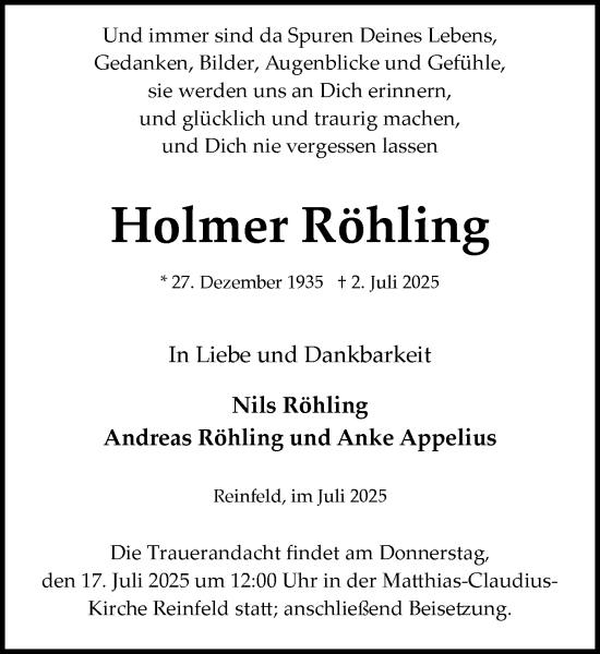 Traueranzeige von Holmer Röhling von MARKT Bad Oldesloe/Reinfeld und Stormarner Tageblatt