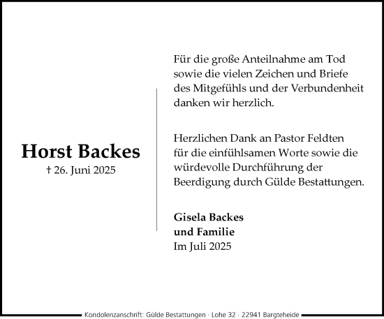 Traueranzeige von Horst Backes von MARKT Ahrensburg/Bargteheide/Trittau und Stormarner Tageblatt