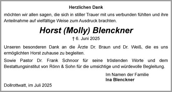 Traueranzeige von Horst Blenckner von Schleswiger Nachrichten, Schlei-Bote