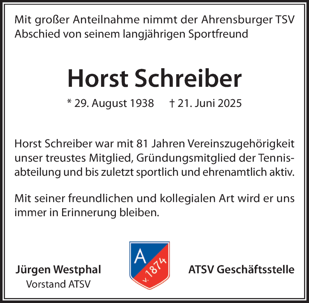 Traueranzeige für Horst Schreiber vom 19.07.2025 aus MARKT Ahrensburg/Bargteheide/Trittau und Stormarner Tageblatt