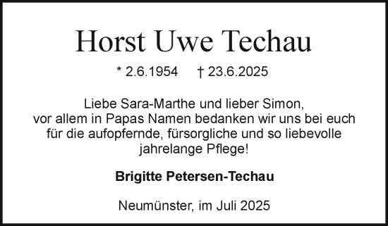 Traueranzeige von Horst Uwe Techau von Holsteinischer Courier