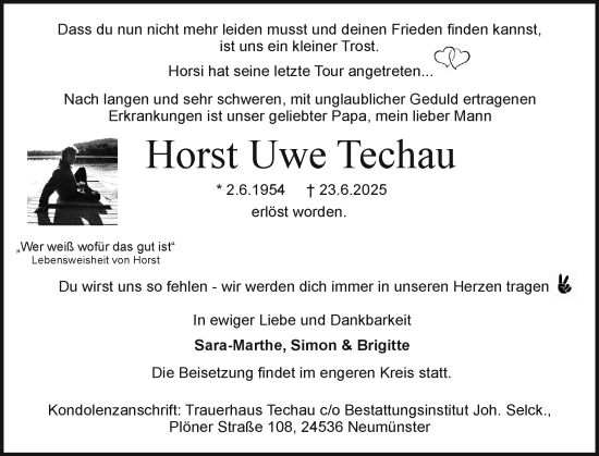 Traueranzeige von Horst Uwe Techau von Holsteinischer Courier