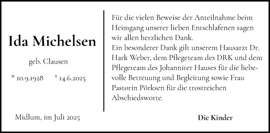 Traueranzeige von Ida Michelsen von Der Insel-Bote