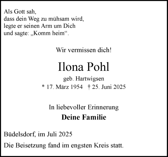 Traueranzeige von Ilona Pohl von Schleswig-Holsteinische Landeszeitung