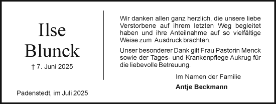Traueranzeige von Ilse Blunck von Holsteinischer Courier