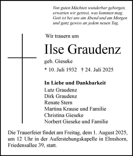 Traueranzeige von Ilse Graudenz von Elmshorner Nachrichten, Barmstedter Zeitung