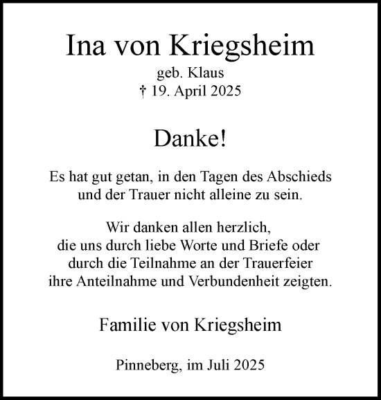Traueranzeige von Ina von Kriegsheim von Region Pinneberg und tip Pinneberg