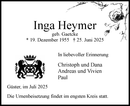 Traueranzeige von Inga Heymer von Wochenend Anzeiger