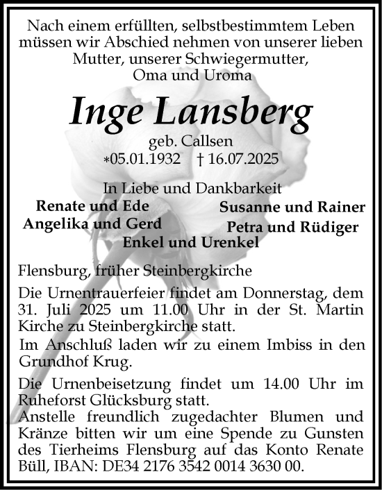 Traueranzeige von Inge Lansberg von Flensburger Tageblatt