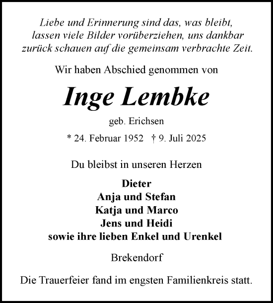 Traueranzeige von Inge Lembke von Schleswig-Holsteinische Landeszeitung