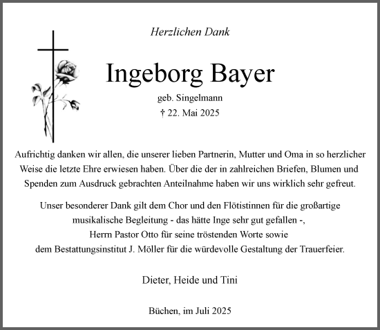 Traueranzeige von Ingeborg Bayer von Wochenend Anzeiger