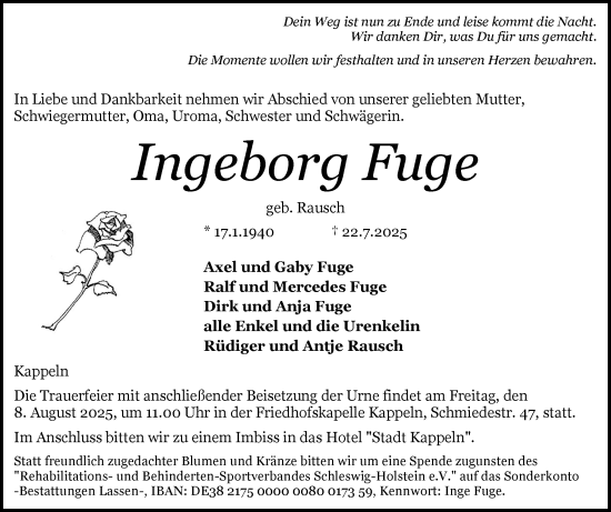 Traueranzeige von Ingeborg Fuge von Schleswiger Nachrichten, Schlei-Bote
