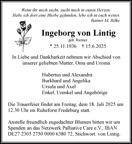 Traueranzeige von Ingeborg von Lintig von MARKT Ratzeburg/Mölln