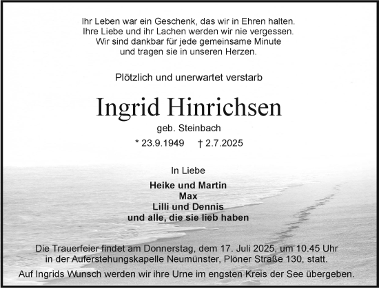 Traueranzeige von Ingrid Hinrichsen von Holsteinischer Courier