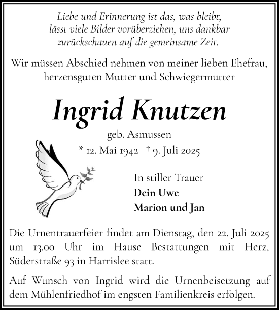 Traueranzeige von Ingrid Knutzen von Flensburger Tageblatt