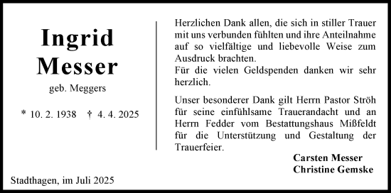 Traueranzeige von Ingrid Messer von Eckernförder Zeitung, Hallo Eckernförde