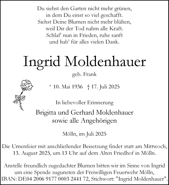 Traueranzeige von Ingrid Moldenhauer von MARKT Ratzeburg/Mölln