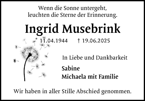 Traueranzeige von Ingrid Musebrink von Eckernförder Zeitung, Hallo Eckernförde