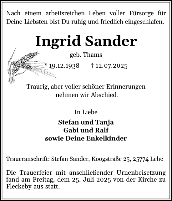 Traueranzeige von Ingrid Sander von Hallo Eckernförde
