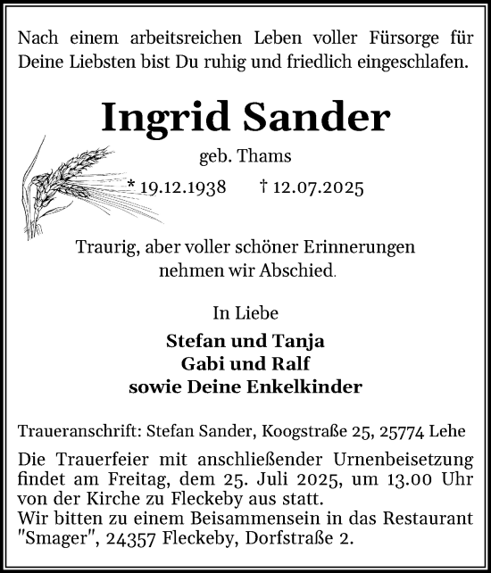 Traueranzeige von Ingrid Sander von Eckernförder Zeitung