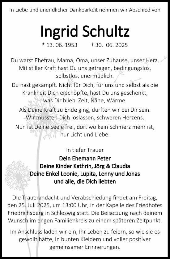Traueranzeige von Ingrid Schultz von Schleswiger Nachrichten, Schlei-Bote