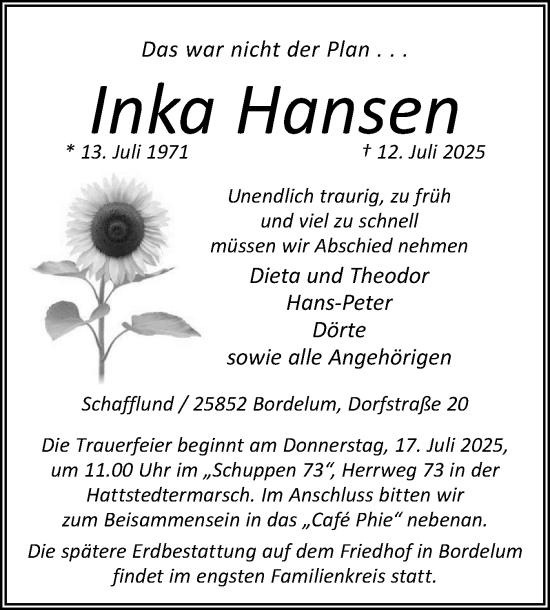 Traueranzeige von Inka Hansen von Region Flensburg