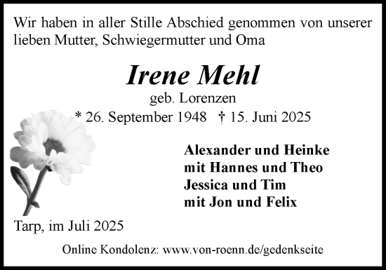 Traueranzeige von Irene Mehl von Flensburger Tageblatt
