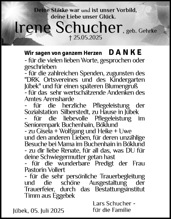 Traueranzeige von Irene Schucher von Schleswiger Nachrichten, Schlei-Bote