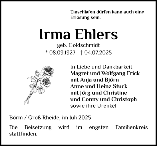 Traueranzeige von Irma Ehlers von Schleswiger Nachrichten, Schlei-Bote