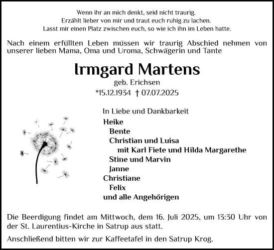 Traueranzeige von Irmgard Martens von Flensburger Tageblatt, Schleswiger Nachrichten, Schlei-Bote