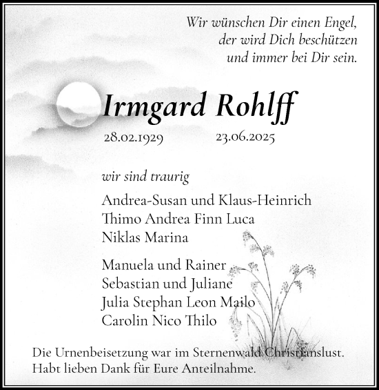 Traueranzeige von Irmgard Rohlff von Elmshorner Nachrichten, Barmstedter Zeitung
