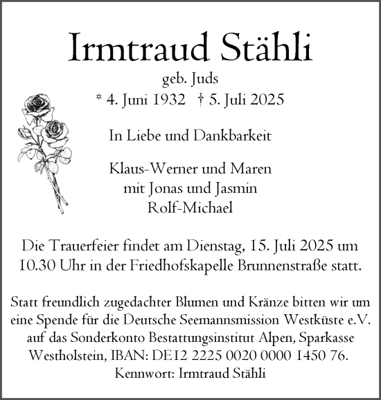 Traueranzeige von Irmtraud Stähli von Norddeutsche Rundschau, Wilstersche Zeitung, Glückstädter Fortuna