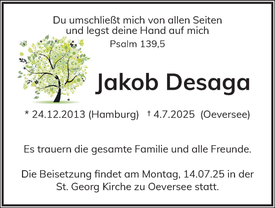 Traueranzeige von Jakob Desaga von Flensburger Tageblatt