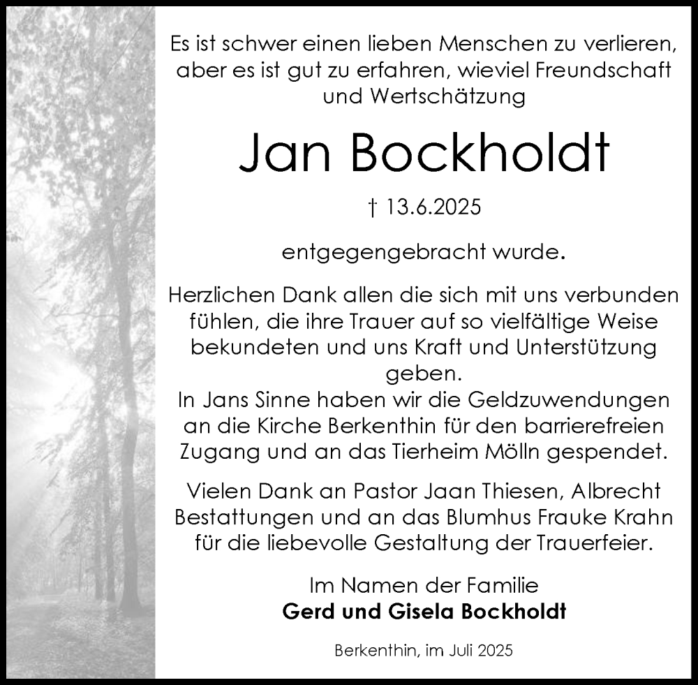  Traueranzeige für Jan Bockholdt vom 26.07.2025 aus MARKT Ratzeburg/Mölln