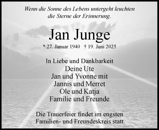 Traueranzeige von Jan Junge von Uetersener Nachrichten, Der tip am Wochenende