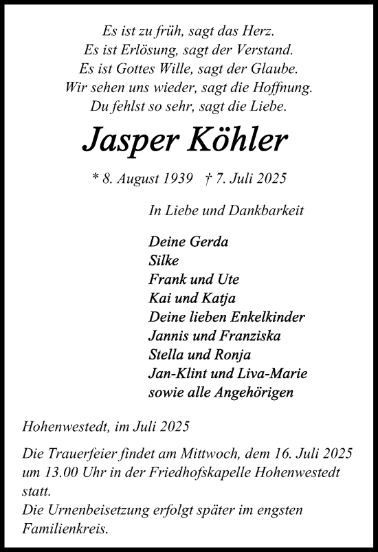 Traueranzeige von Jasper Köhler von Schleswig-Holsteinische Landeszeitung