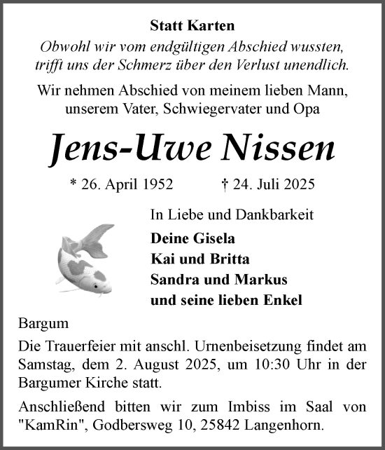 Traueranzeige von Jens-Uwe Nissen von Husumer Nachrichten, Nordfriesland Tageblatt