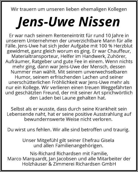 Traueranzeige von Jens-Uwe Nissen von Husumer Nachrichten, Nordfriesland Tageblatt
