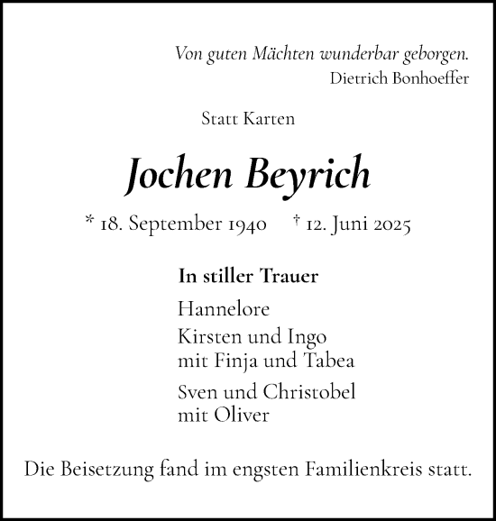 Traueranzeige von Jochen Beyrich von Norddeutsche Rundschau, Wilstersche Zeitung, Glückstädter Fortuna