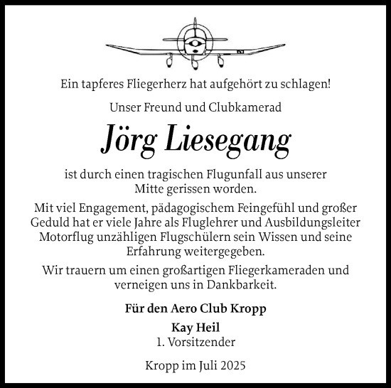 Traueranzeige von Jörg Liesegang von Schleswig-Holsteinische Landeszeitung
