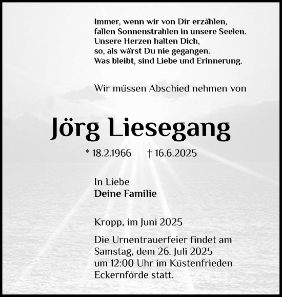 Traueranzeige von Jörg Liesegang von Schleswig-Holsteinische Landeszeitung