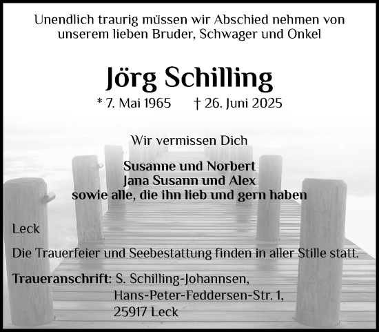 Traueranzeige von Jörg Schilling von Husumer Nachrichten, Nordfriesland Tageblatt