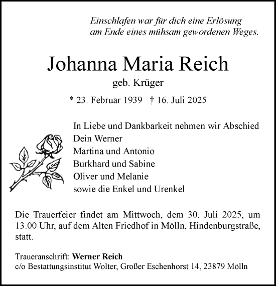 Traueranzeige von Johanna Maria Reich von MARKT Ratzeburg/Mölln