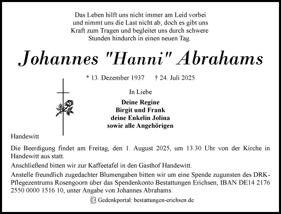 Traueranzeige von Johannes Abrahams von Flensburger Tageblatt, Schleswiger Nachrichten, Schlei-Bote