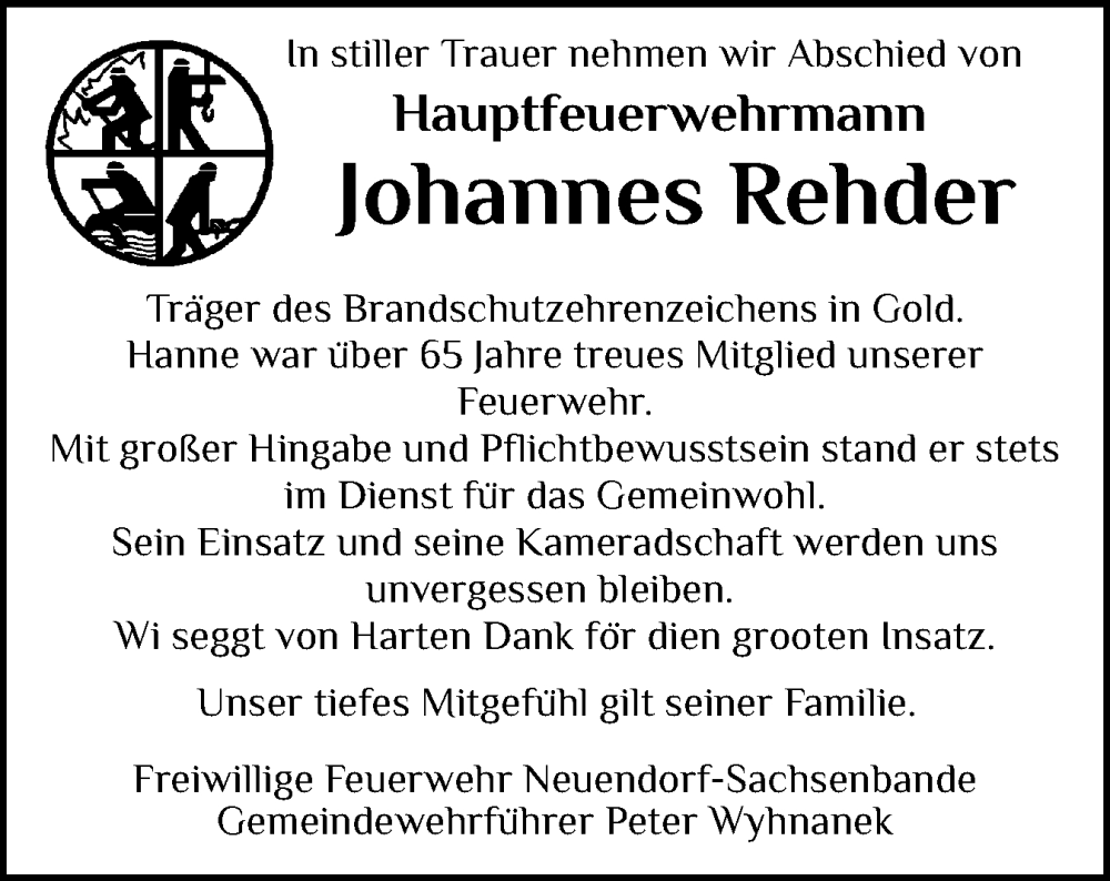  Traueranzeige für Johannes Rehder vom 19.07.2025 aus Norddeutsche Rundschau, Wilstersche Zeitung, Glückstädter Fortuna